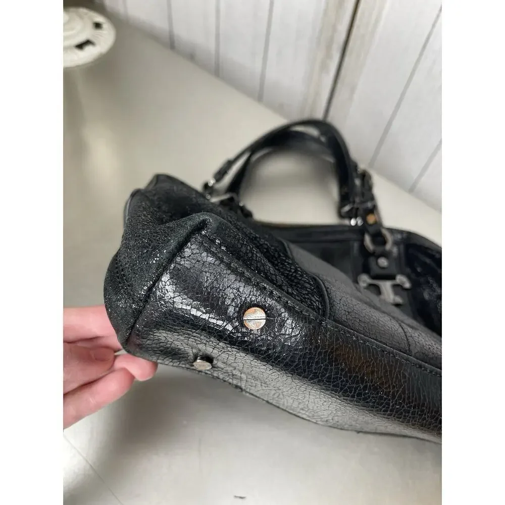 Tory Burch Black Sheen Crackle Leather Top Handle Bag Chunky Hardware Y2K